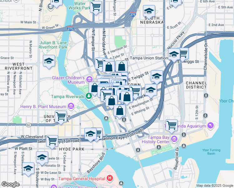 map of restaurants, bars, coffee shops, grocery stores, and more near 403 North Franklin Street in Tampa