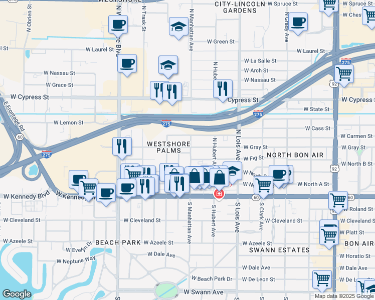 map of restaurants, bars, coffee shops, grocery stores, and more near 403 North Manhattan Avenue in Tampa