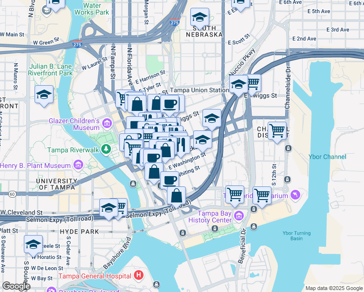 map of restaurants, bars, coffee shops, grocery stores, and more near 601 East Kennedy Boulevard in Tampa