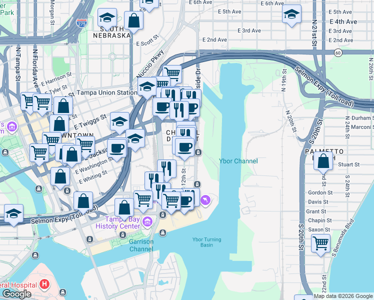 map of restaurants, bars, coffee shops, grocery stores, and more near 111 North 12th Street in Tampa