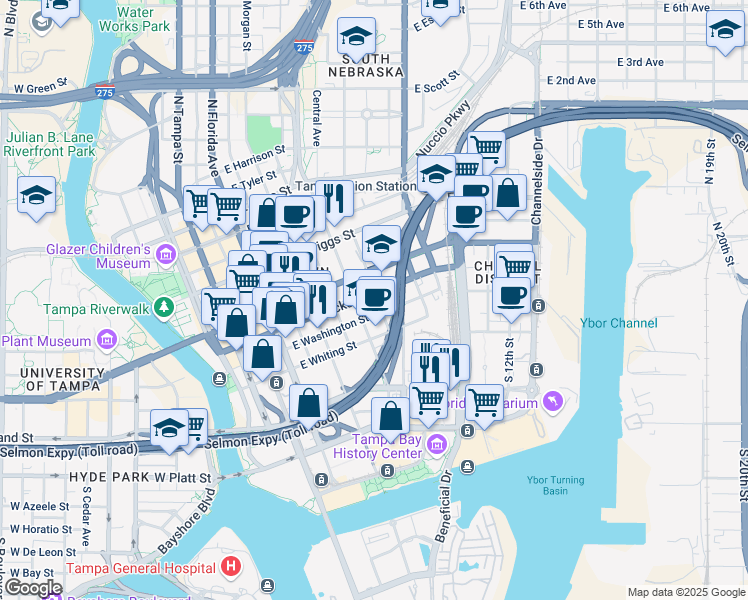 map of restaurants, bars, coffee shops, grocery stores, and more near 802 East Washington Street in Tampa