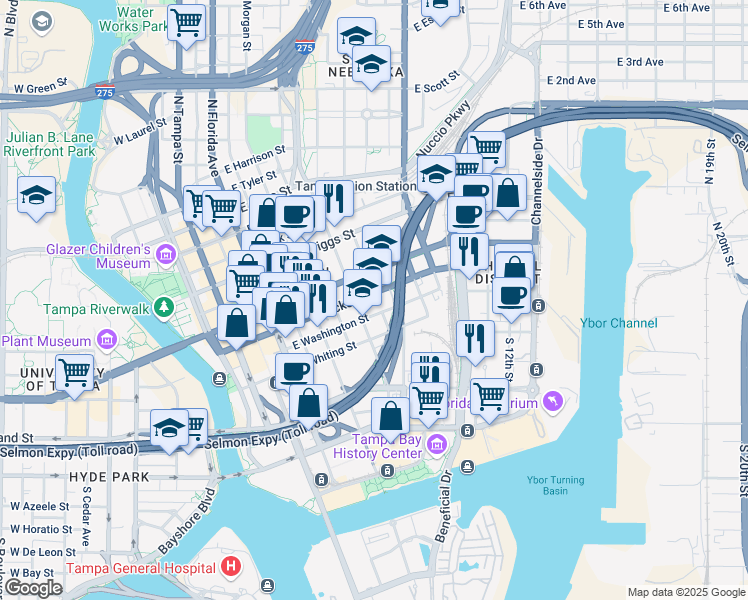 map of restaurants, bars, coffee shops, grocery stores, and more near 802 East Washington Street in Tampa