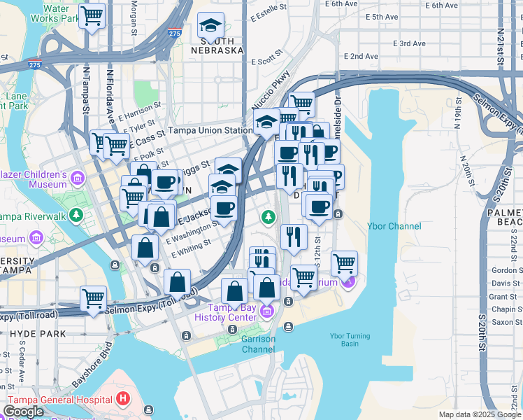 map of restaurants, bars, coffee shops, grocery stores, and more near 162-198 N Brush St in Tampa