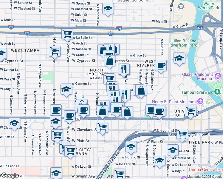 map of restaurants, bars, coffee shops, grocery stores, and more near 400 North Rome Avenue in Tampa
