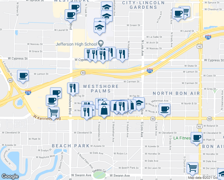 map of restaurants, bars, coffee shops, grocery stores, and more near 403 North Manhattan Avenue in Tampa