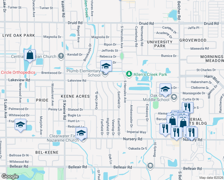 map of restaurants, bars, coffee shops, grocery stores, and more near 1331 Viewtop Drive in Clearwater