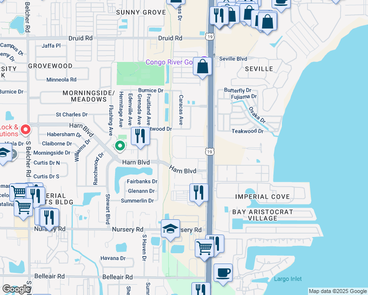 map of restaurants, bars, coffee shops, grocery stores, and more near 1320 Sands Terrace East in Clearwater