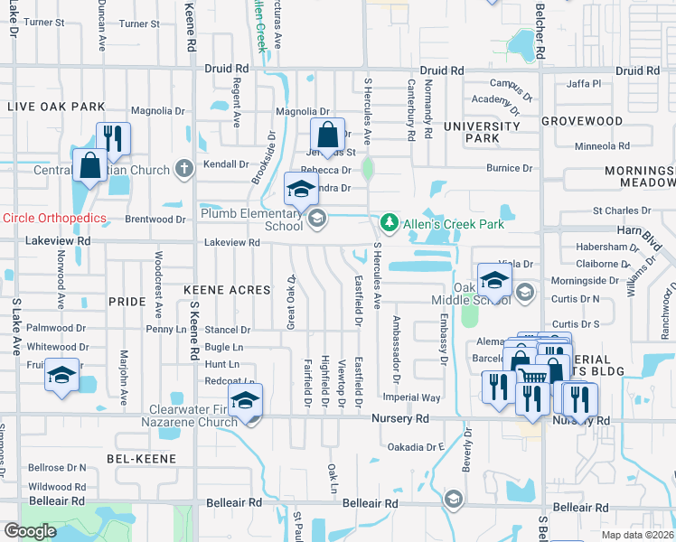 map of restaurants, bars, coffee shops, grocery stores, and more near 1331 Viewtop Drive in Clearwater