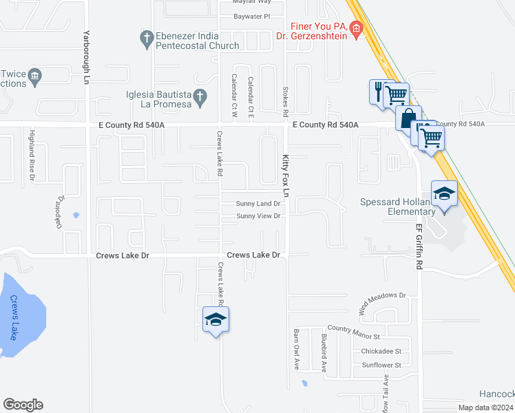 map of restaurants, bars, coffee shops, grocery stores, and more near 4203 Sunny Land Drive in Lakeland