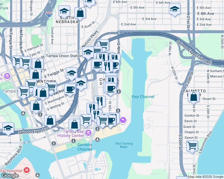 map of restaurants, bars, coffee shops, grocery stores, and more near in Tampa