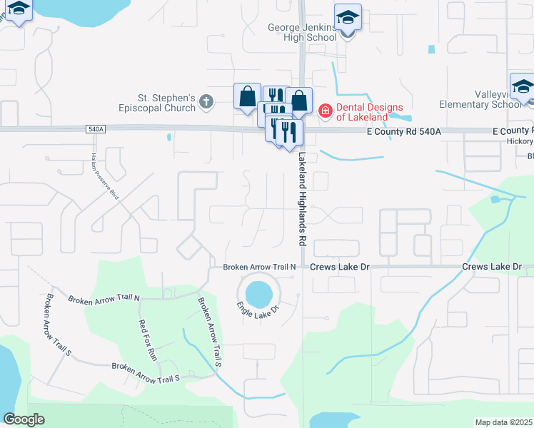 map of restaurants, bars, coffee shops, grocery stores, and more near 6420 Timucuans Drive in Lakeland