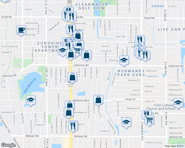 map of restaurants, bars, coffee shops, grocery stores, and more near 1337 Boylan Avenue in Clearwater