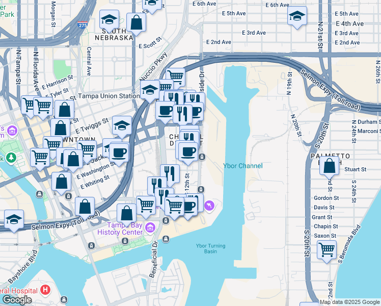 map of restaurants, bars, coffee shops, grocery stores, and more near in Tampa