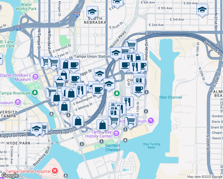 map of restaurants, bars, coffee shops, grocery stores, and more near 198 North Brush Street in Tampa