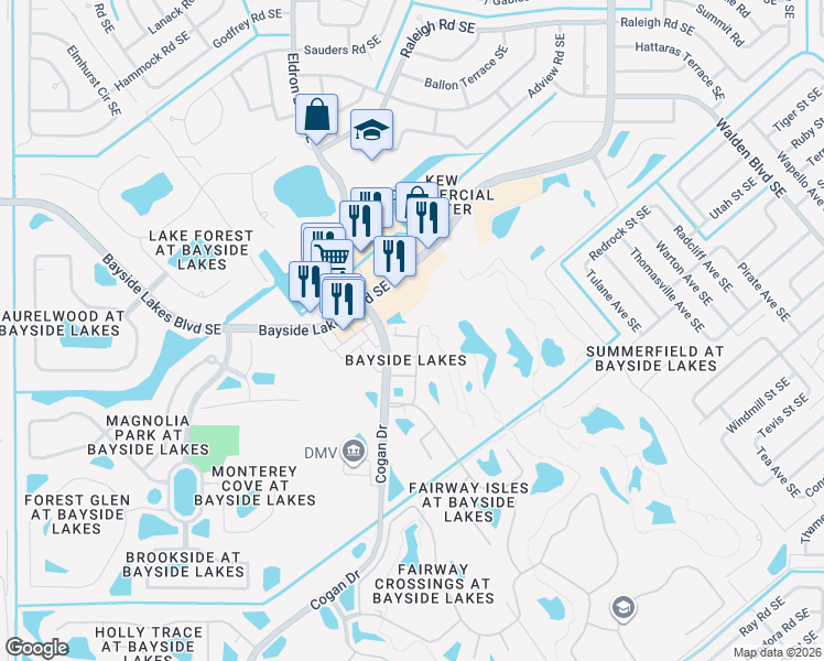 map of restaurants, bars, coffee shops, grocery stores, and more near 1918 Muirfield Way Southeast in Palm Bay