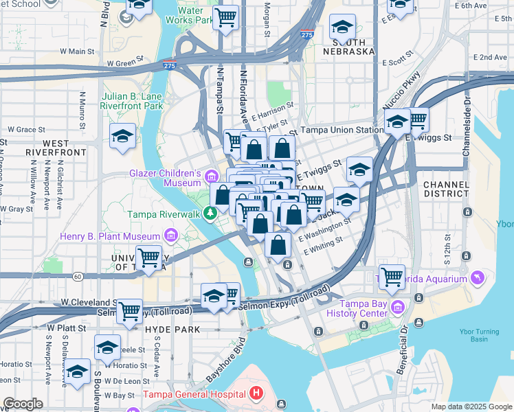 map of restaurants, bars, coffee shops, grocery stores, and more near 220 East Madison Street in Tampa