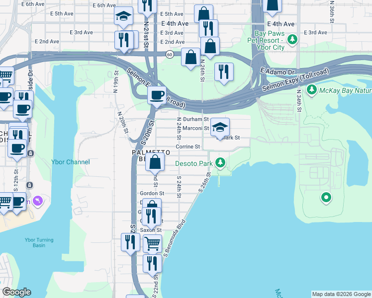 map of restaurants, bars, coffee shops, grocery stores, and more near 2350-2402 Harper St in Tampa
