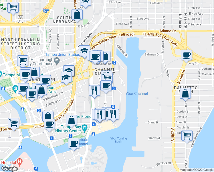 map of restaurants, bars, coffee shops, grocery stores, and more near in Tampa