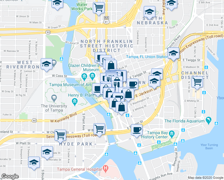 map of restaurants, bars, coffee shops, grocery stores, and more near 403 North Franklin Street in Tampa