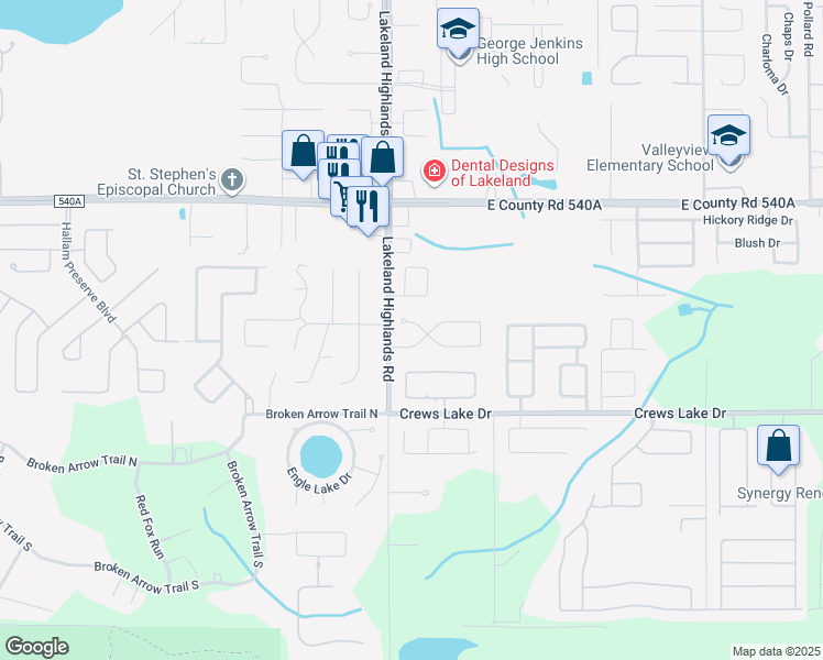 map of restaurants, bars, coffee shops, grocery stores, and more near 2222 Arrowhead Boulevard in Lakeland