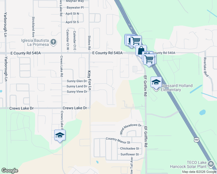 map of restaurants, bars, coffee shops, grocery stores, and more near 6450 Kitty Fox Lane in Lakeland