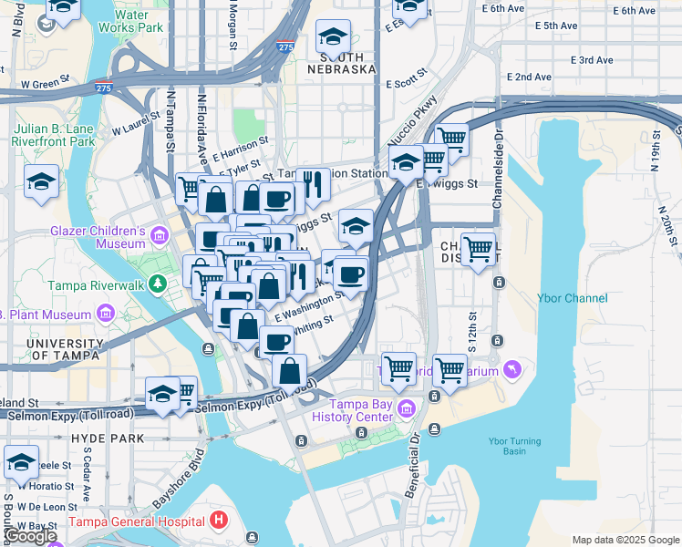 map of restaurants, bars, coffee shops, grocery stores, and more near 815 East Jackson Street in Tampa