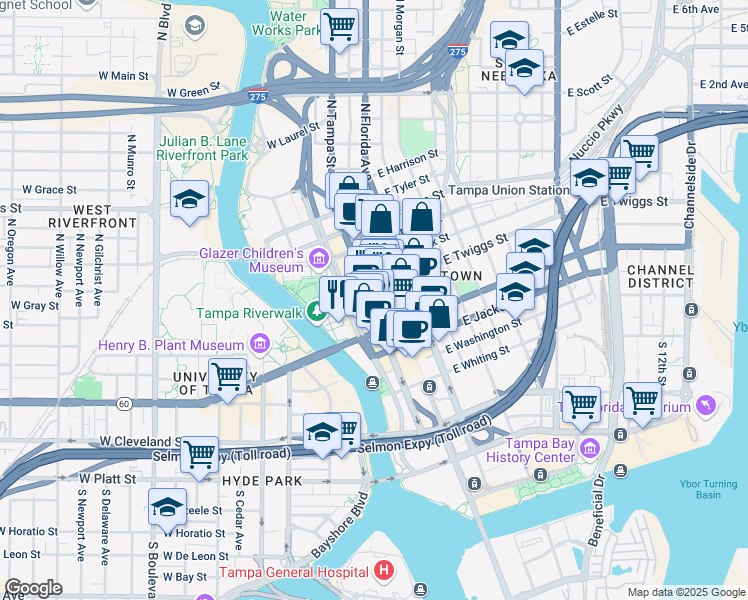 map of restaurants, bars, coffee shops, grocery stores, and more near 108 East Madison Street in Tampa