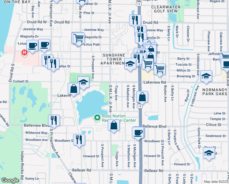 map of restaurants, bars, coffee shops, grocery stores, and more near in Clearwater