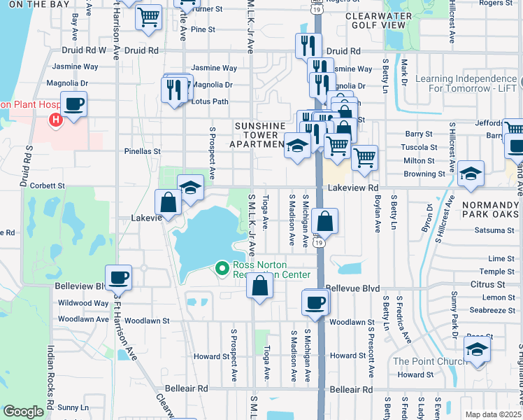 map of restaurants, bars, coffee shops, grocery stores, and more near 1332 Tioga Avenue in Clearwater