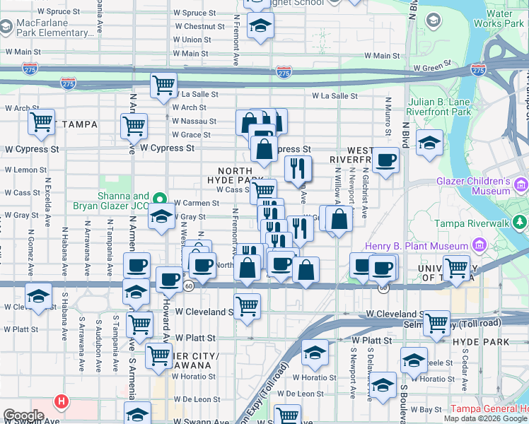 map of restaurants, bars, coffee shops, grocery stores, and more near 400 North Rome Avenue in Tampa