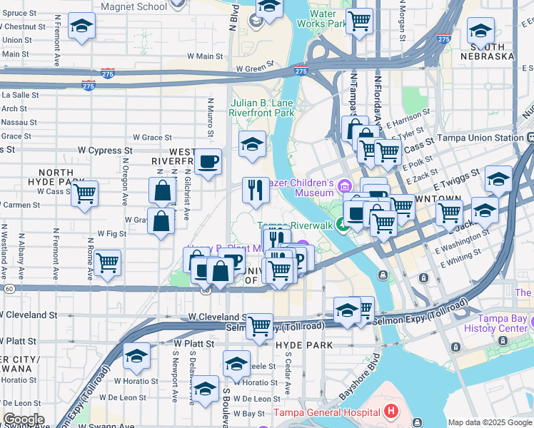 map of restaurants, bars, coffee shops, grocery stores, and more near 620 UT University Drive in Tampa