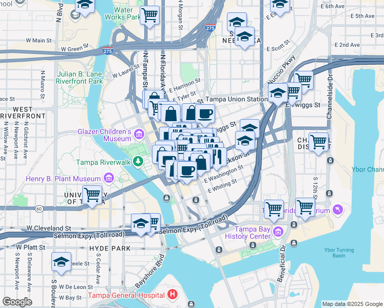 map of restaurants, bars, coffee shops, grocery stores, and more near 409 East Kennedy Boulevard in Tampa
