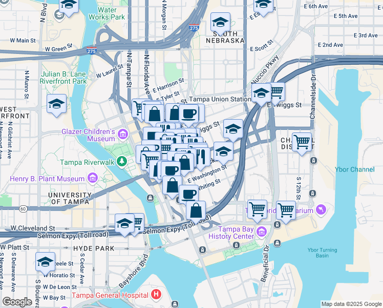 map of restaurants, bars, coffee shops, grocery stores, and more near 508 East Kennedy Boulevard in Tampa