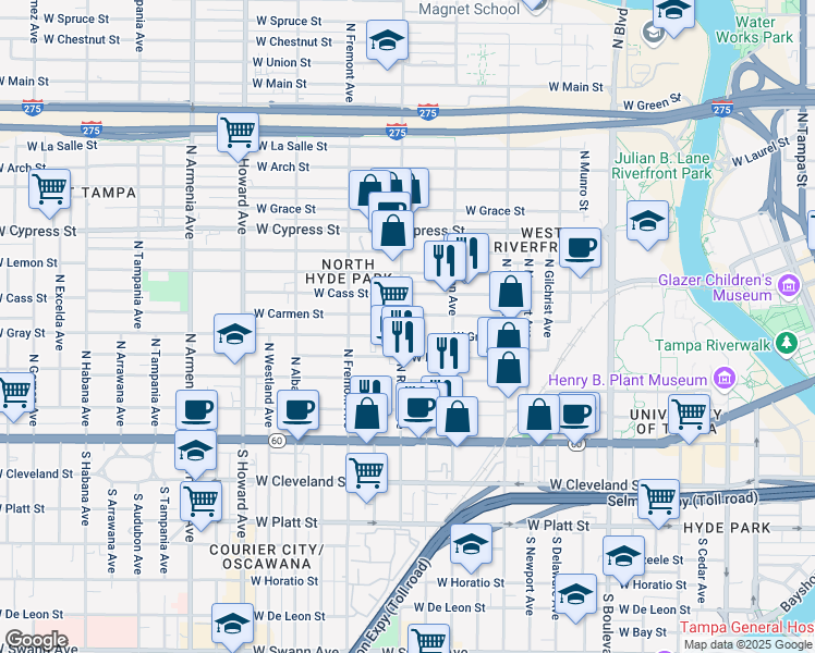 map of restaurants, bars, coffee shops, grocery stores, and more near 405 North Rome Avenue in Tampa