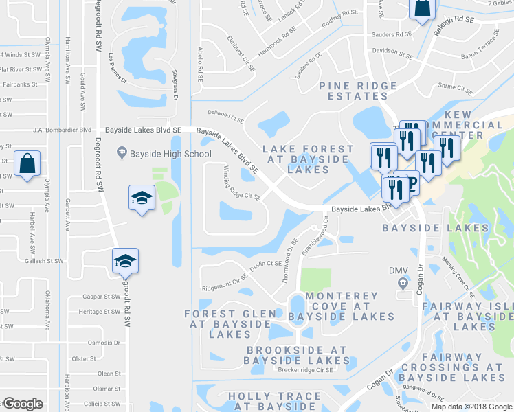 map of restaurants, bars, coffee shops, grocery stores, and more near 1845 Winding Ridge Circle Southeast in Palm Bay