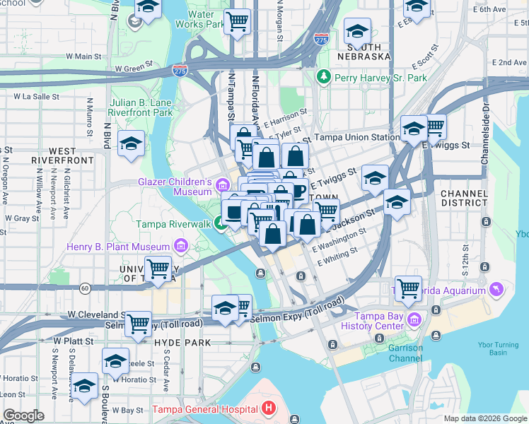 map of restaurants, bars, coffee shops, grocery stores, and more near 108 East Madison Street in Tampa
