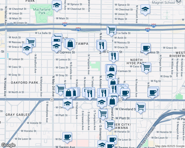 map of restaurants, bars, coffee shops, grocery stores, and more near 2501 West Fig Street in Tampa