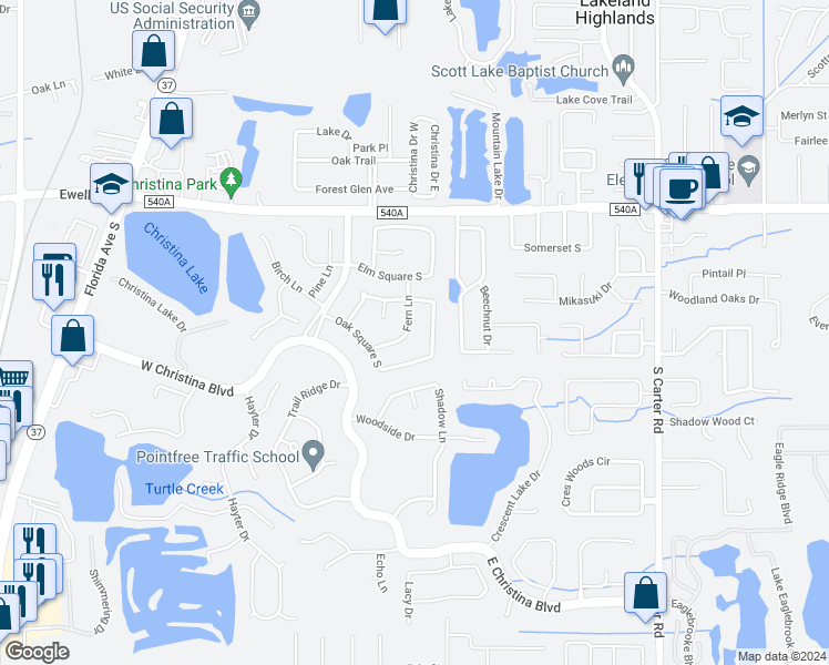 map of restaurants, bars, coffee shops, grocery stores, and more near 6328 Fern Lane in Lakeland