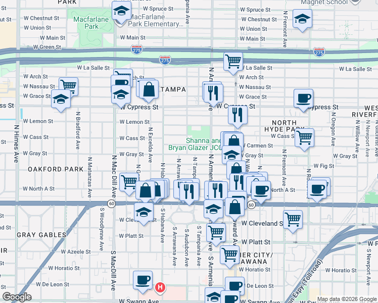 map of restaurants, bars, coffee shops, grocery stores, and more near 2501 West Fig Street in Tampa