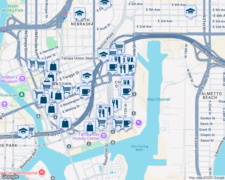 map of restaurants, bars, coffee shops, grocery stores, and more near 109 N Meridian Ave in Tampa