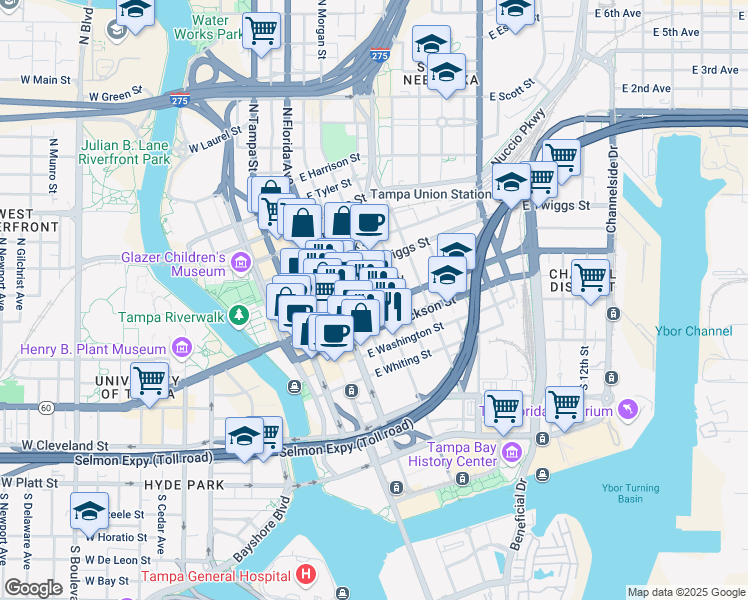 map of restaurants, bars, coffee shops, grocery stores, and more near 409 East Kennedy Boulevard in Tampa
