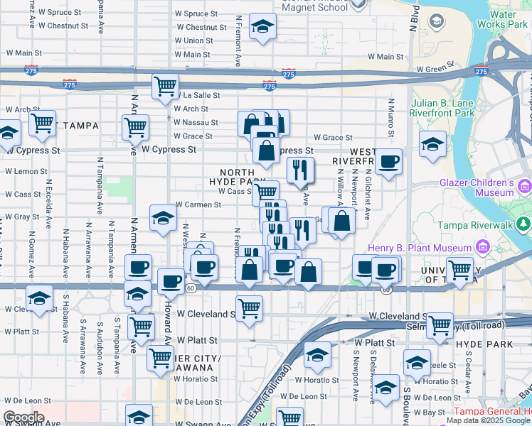 map of restaurants, bars, coffee shops, grocery stores, and more near 400 North Rome Avenue in Tampa