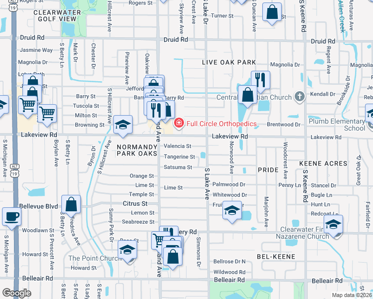 map of restaurants, bars, coffee shops, grocery stores, and more near 1527 Tangerine Street in Clearwater