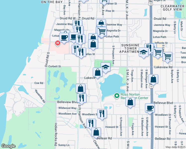 map of restaurants, bars, coffee shops, grocery stores, and more near 699 Lakeview Road in Clearwater