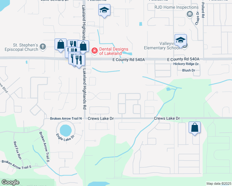 map of restaurants, bars, coffee shops, grocery stores, and more near 6401 Crews Lake Hills Loop West in Lakeland