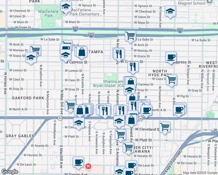 map of restaurants, bars, coffee shops, grocery stores, and more near 2501 West Fig Street in Tampa