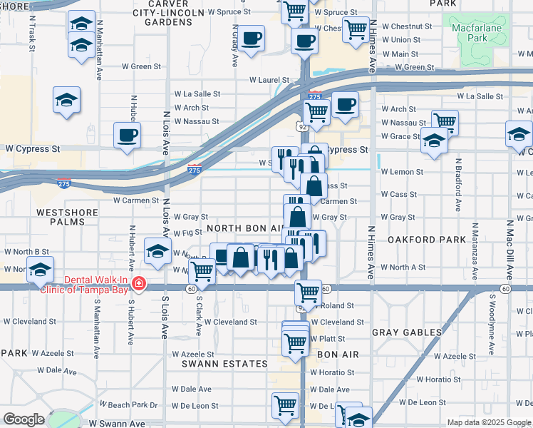 map of restaurants, bars, coffee shops, grocery stores, and more near 3819 West Fig Street in Tampa
