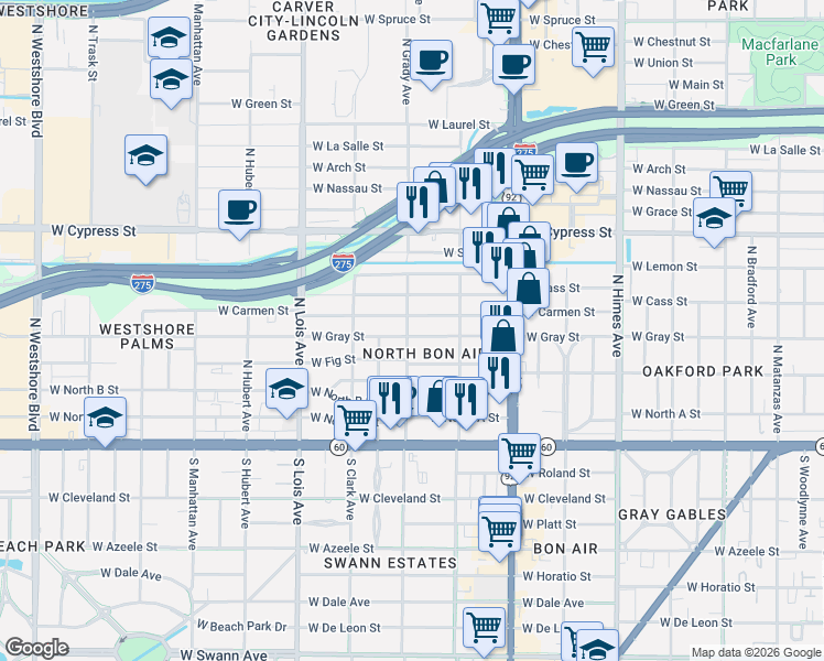 map of restaurants, bars, coffee shops, grocery stores, and more near in Tampa