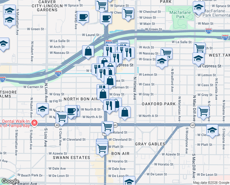 map of restaurants, bars, coffee shops, grocery stores, and more near 401 North Dale Mabry Highway in Tampa