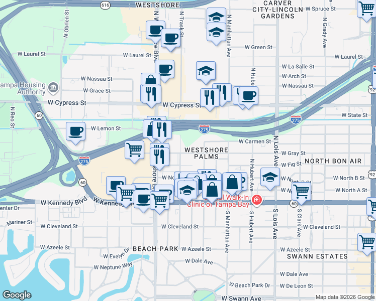 map of restaurants, bars, coffee shops, grocery stores, and more near 4509 West Carmen Street in Tampa